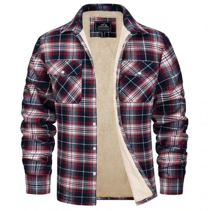 Men's black and white checkered fleece jacket with warm insulated lining, casual winter style