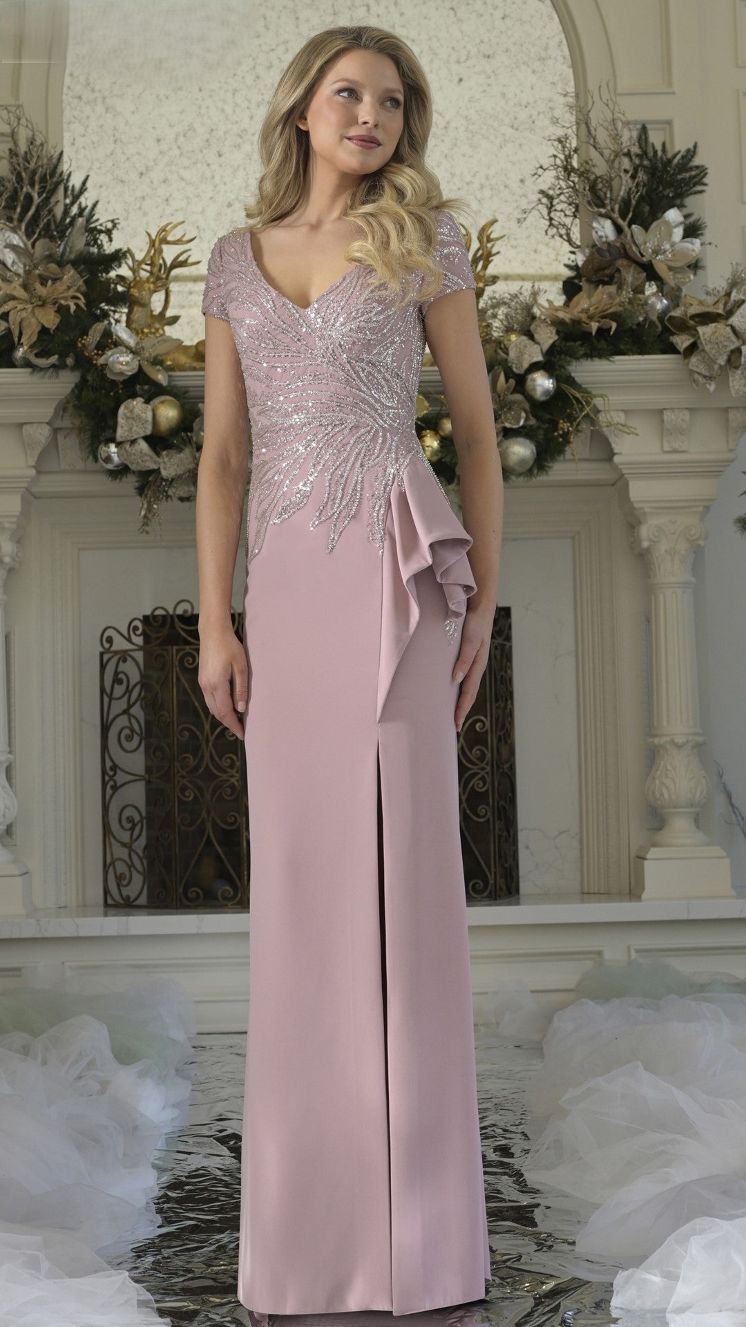 Rina di Montella 3323 crepe fit-and-flare formal gown with embroidered V-neckline and side ruffle