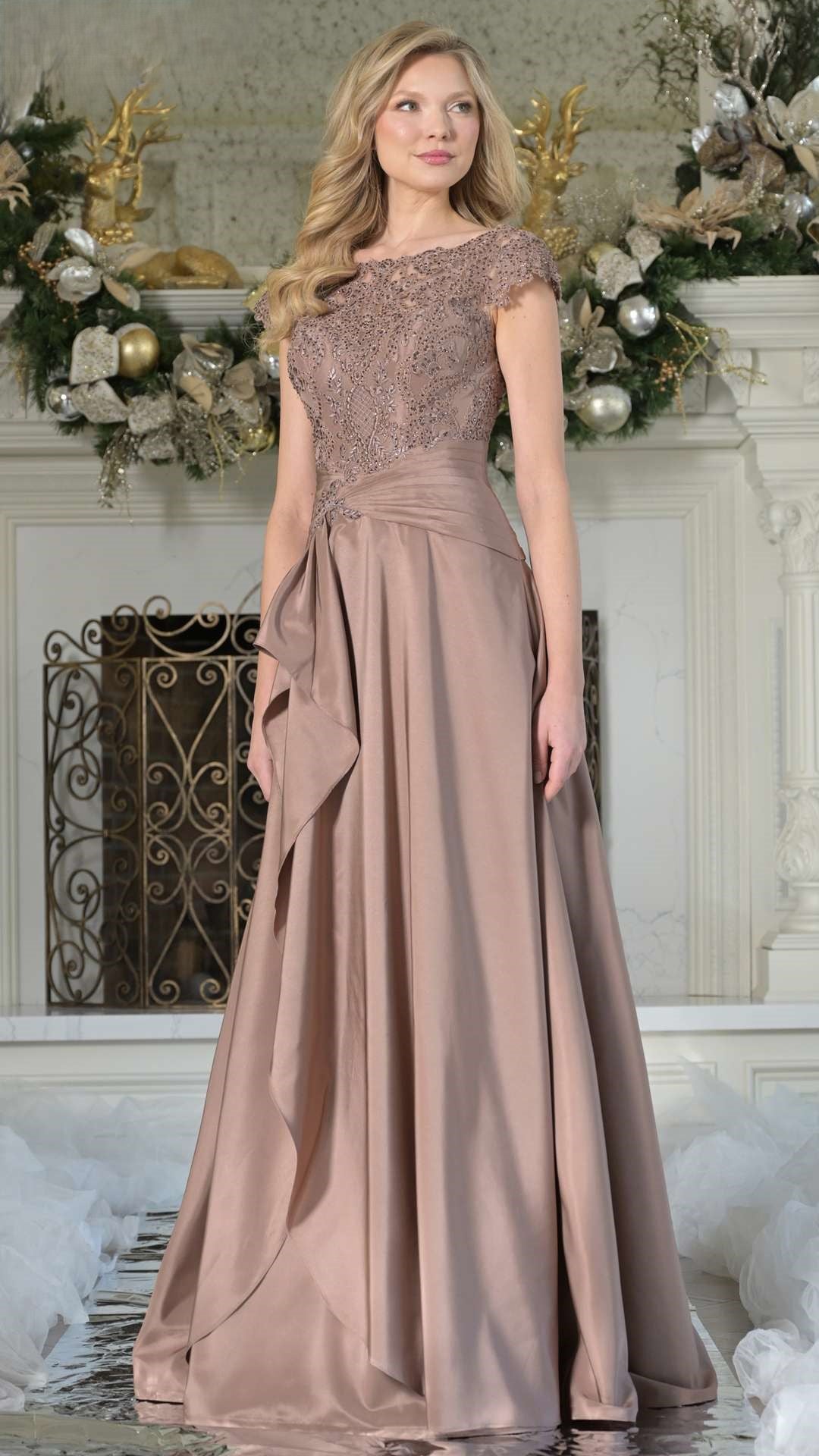 Long taffeta A-line mother of the bride dress with scoop neckline, cap sleeves, embroidered bodice