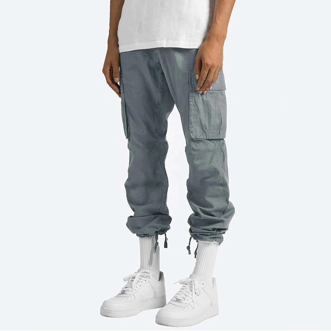 Men's relaxed fit cargo pants cotton blend streetwear style with six utility pockets