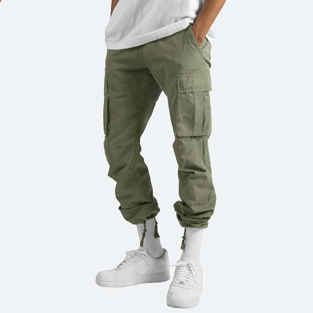 Men's relaxed fit cargo pants olive green cotton blend with six utility pockets streetwear style