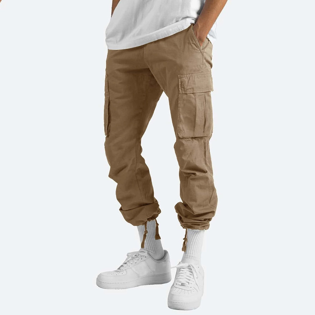 Men's relaxed fit cargo pants neutral tone six-pocket utility streetwear cotton blend