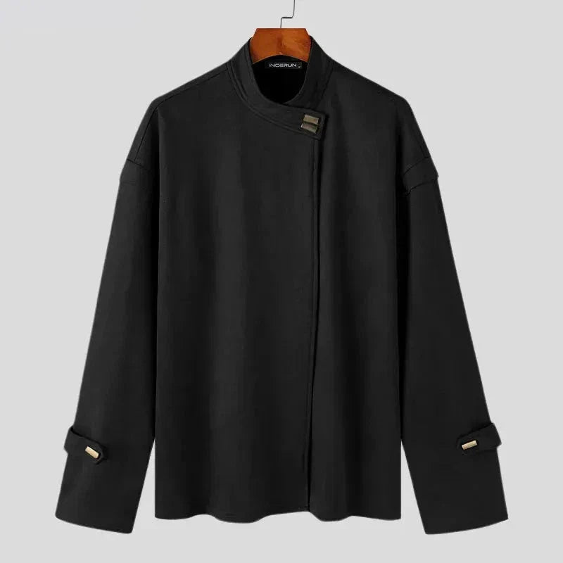 Rafael stand collar jacket in sleek minimalist style with asymmetrical front closure and adjustable sleeve tabs