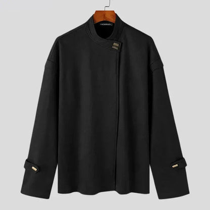 Rafael stand collar jacket in sleek minimalist style with asymmetrical front closure and adjustable sleeve tabs