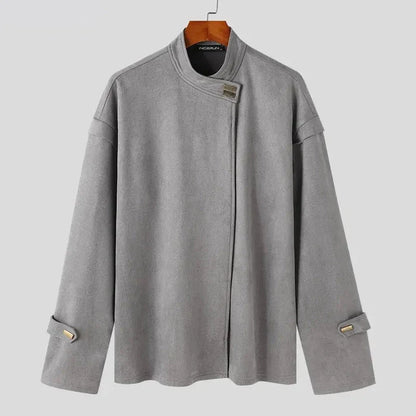 Rafael stand collar jacket in sleek contemporary cut with asymmetrical front closure and adjustable sleeve tabs