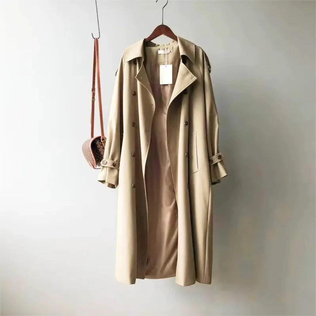 Rafaela beige double-breasted trench coat with adjustable belt, structured shoulders, flowing silhouette
