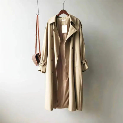 Rafaela beige double-breasted trench coat with adjustable belt, structured shoulders, flowing silhouette