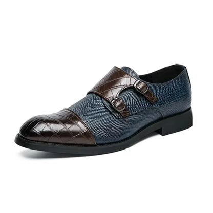 Blue panel monk strap dress shoes with faux reptile texture, woven detailing, and dual-buckle closure