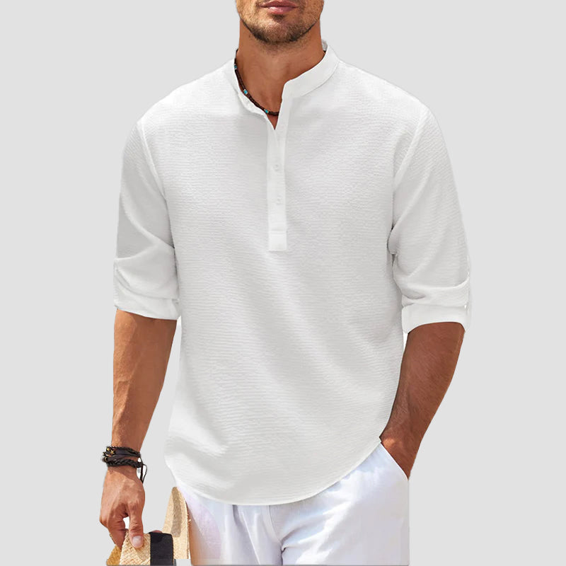 Men's relaxed fit Henley shirt with striped band collar, roll-tab sleeves, casual everyday style