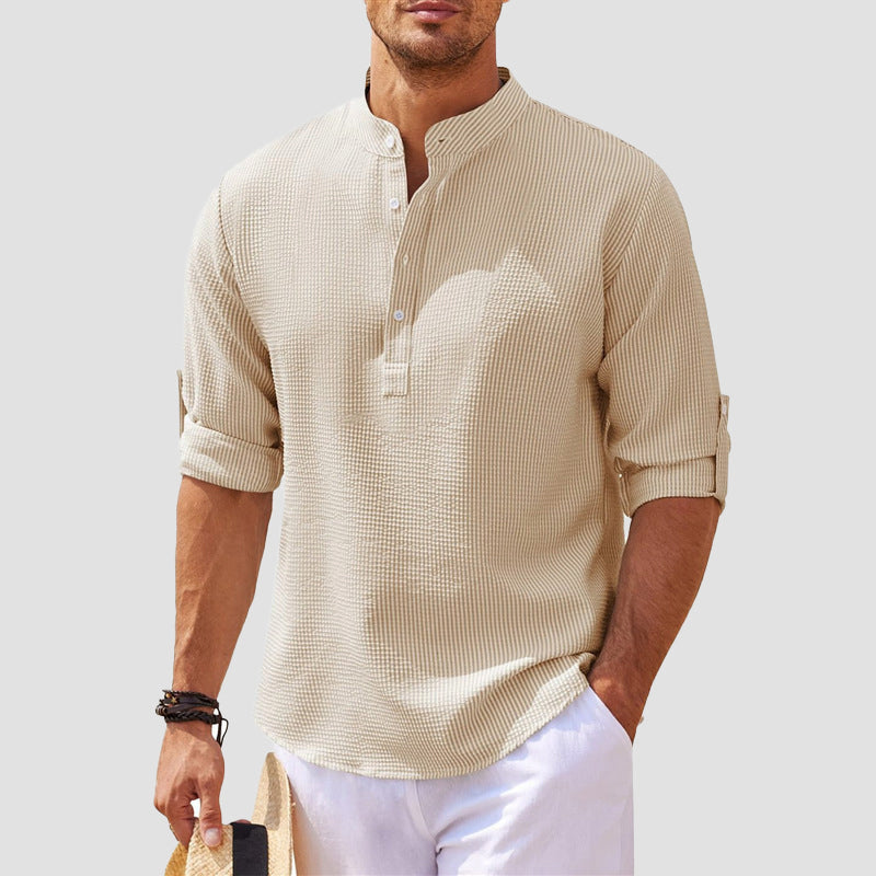 Men's relaxed fit Henley shirt with striped band collar, button placket, and roll tab sleeves