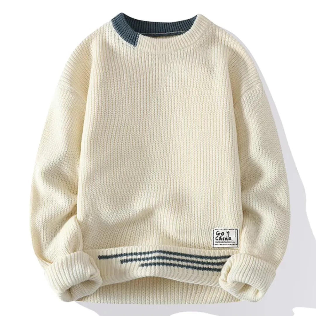 Men's wool striped crewneck sweater relaxed hip-length fit with ribbed details in classic tones