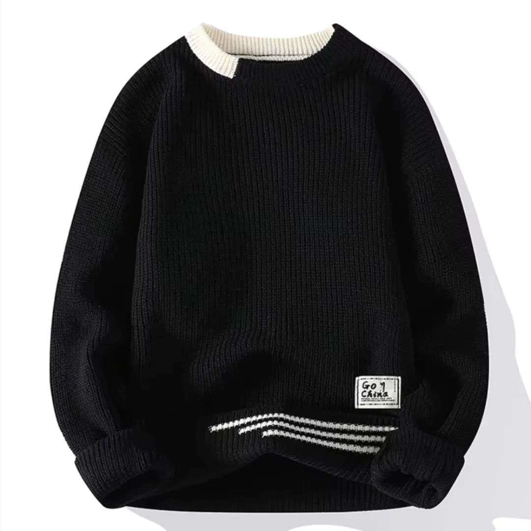 Men's wool striped crewneck sweater relaxed hip-length fit with ribbed details in classic tones