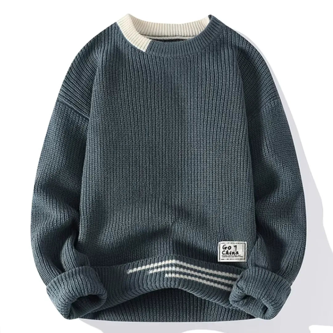 Men's wool striped crewneck sweater relaxed hip-length fit with ribbed details in classic tones