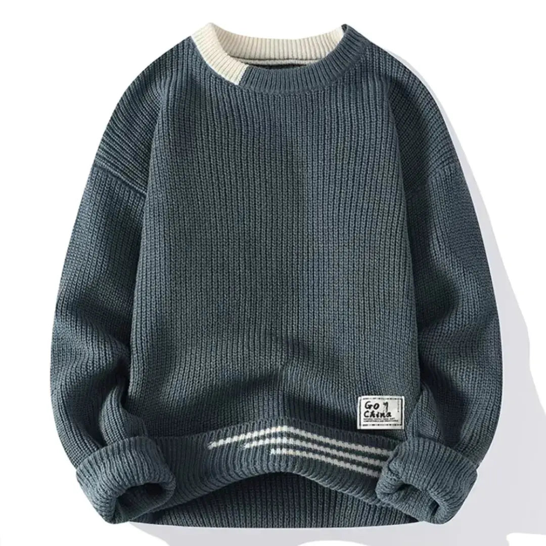 Soft beige vintage crewneck knit sweater relaxed fit with timeless ribbed texture
