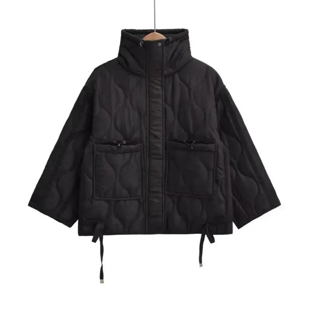 Black quilted puffer jacket with stand collar and wave-pattern diamond grid design for women