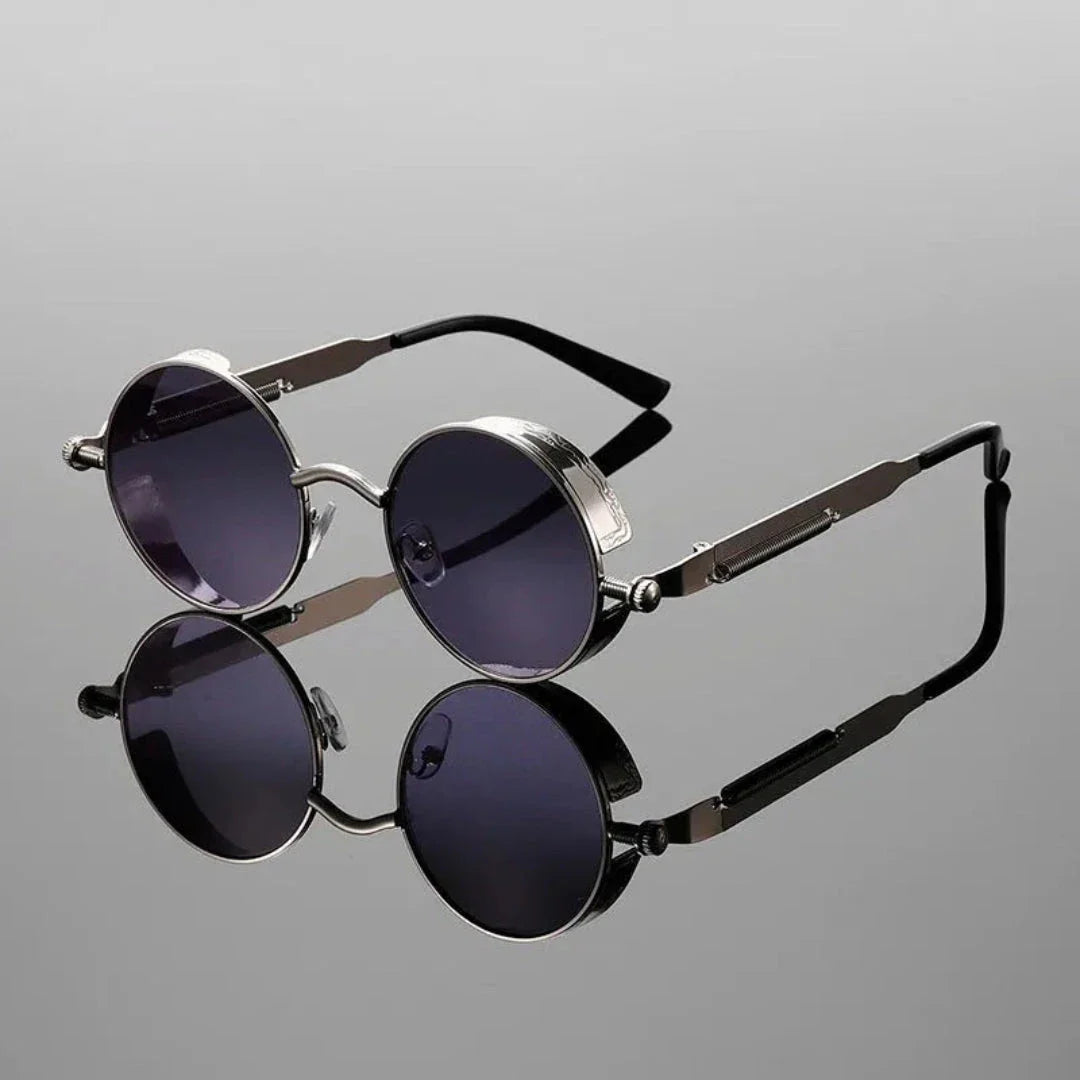 Round steampunk sunglasses gold frame intricate metallic detailing bold retro vintage style