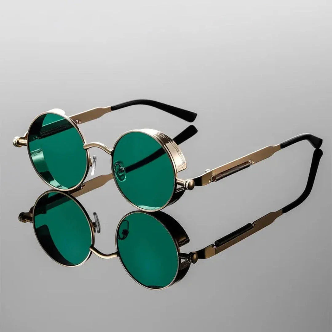 Round steampunk sunglasses gold frame intricate metallic detailing bold retro vintage industrial style