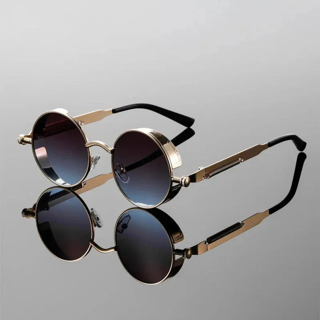 Round steampunk sunglasses gold frame intricate metallic detailing bold retro vintage circular lenses