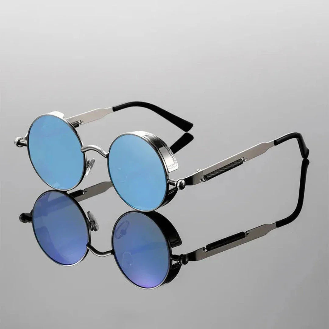 Round steampunk sunglasses gold frame intricate metallic detailing bold retro vintage circular lenses