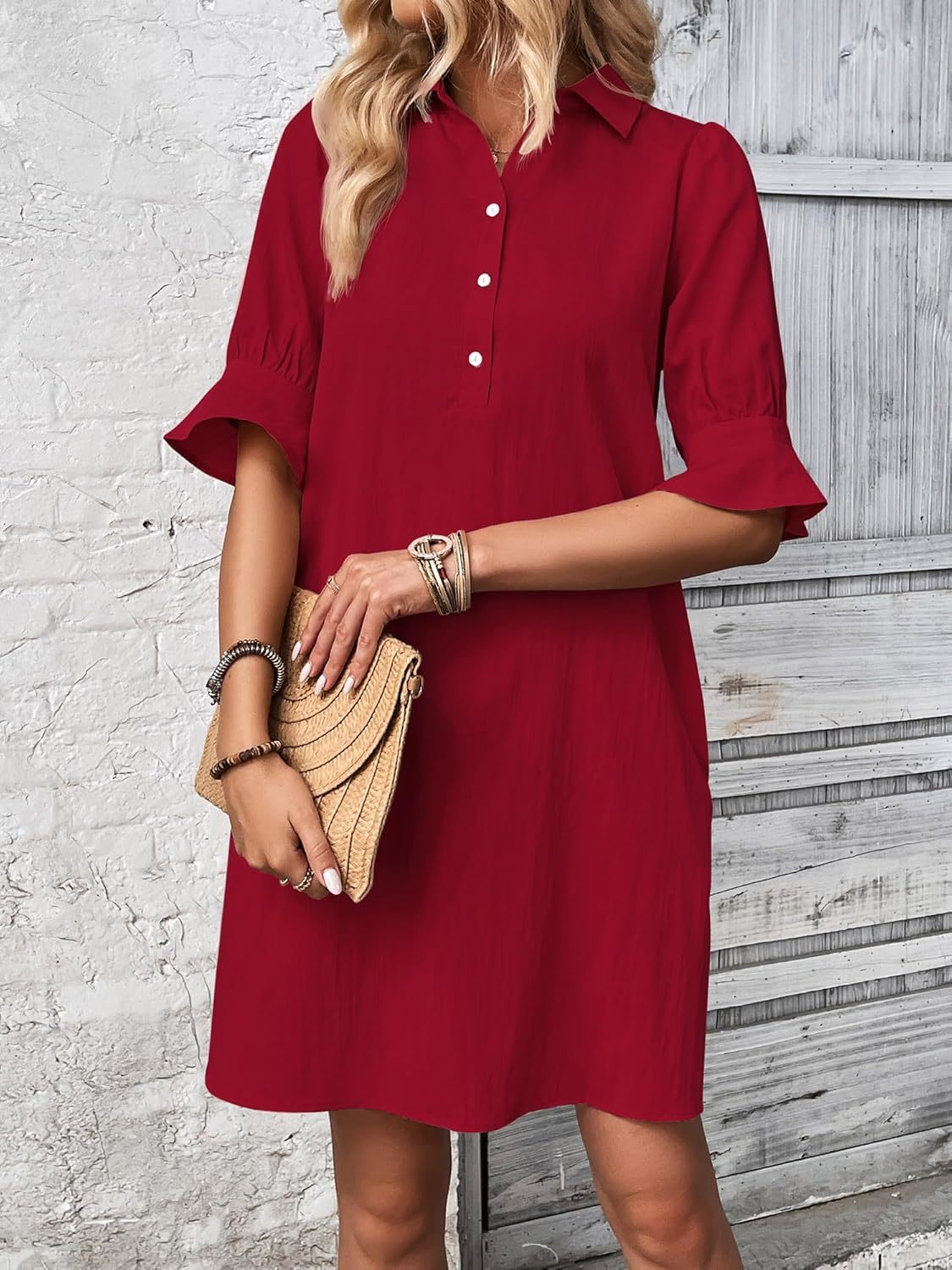 Black women's button-down shirt dress, A-line knee length with 3/4 flared ruffle cuffs