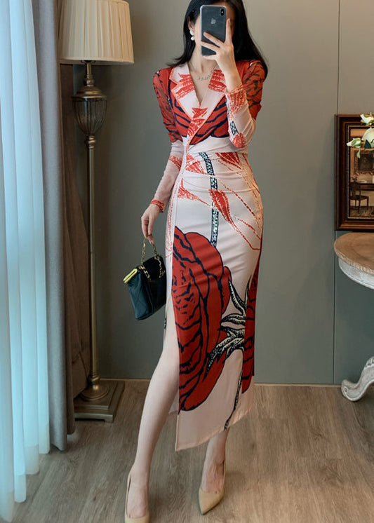 Robe portefeuille en tulle imprimé rouge, ouverture sur le côté, été - Wavlynn