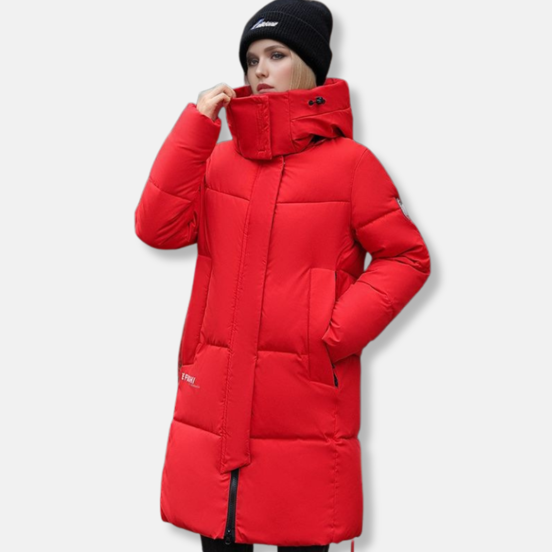 Women's black puffer coat mid-thigh length with high collar integrated hood ultra warm winter