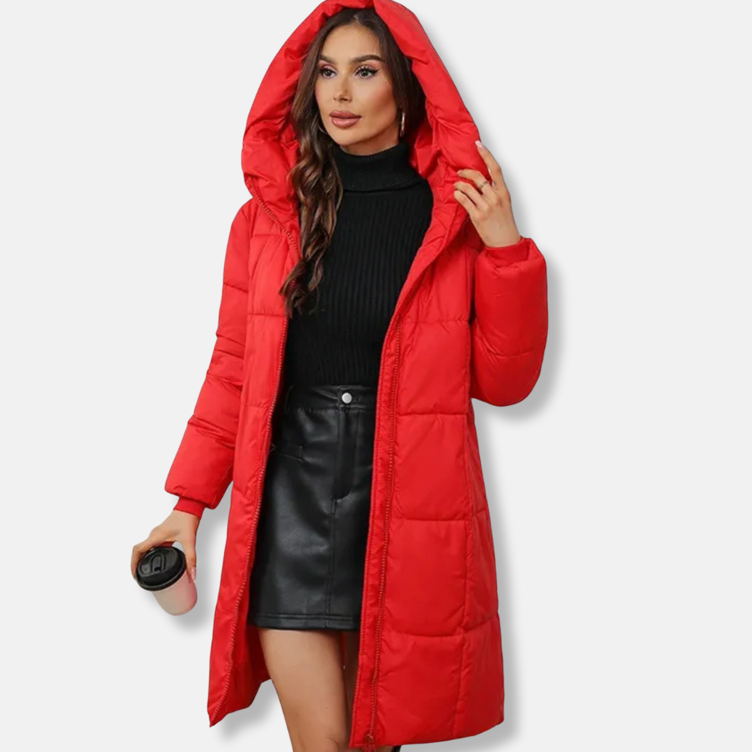 Women's black hooded quilted puffer coat above-knee insulated silhouette for winter warmth