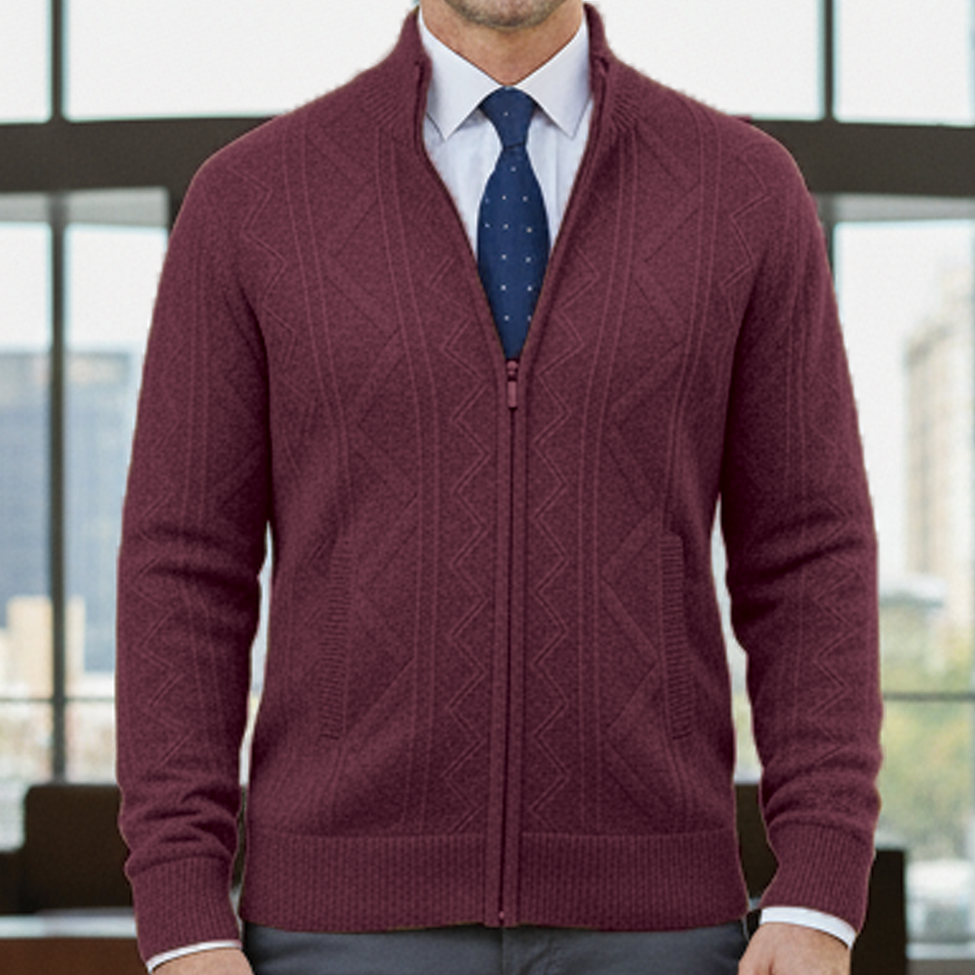 Wavlynn Luke navy blue tailored zip-up knit cardigan with structured drape for professional office wear