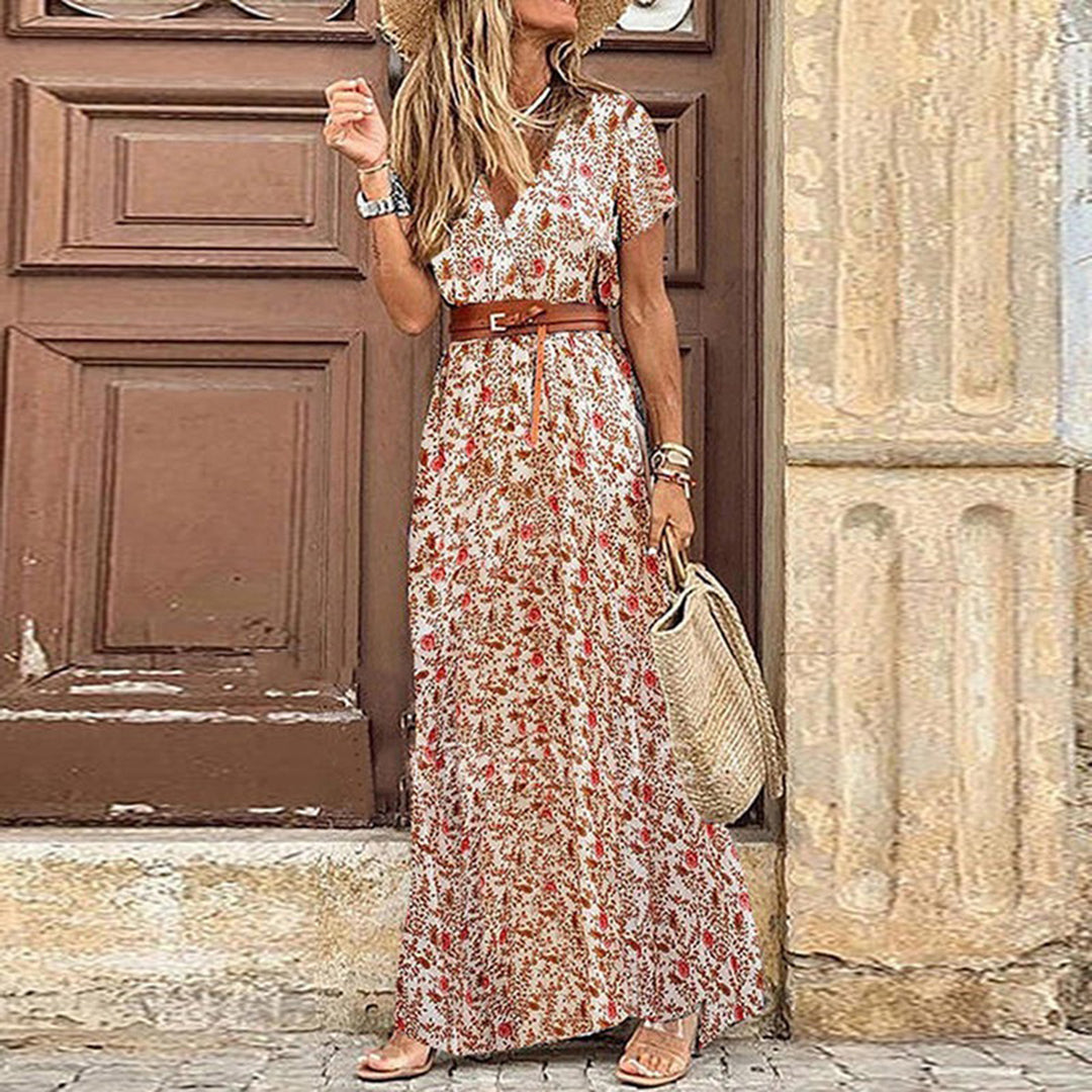 Women's boho maxi dress paisley pattern V-neck short sleeves flowing viscose blend leg slit