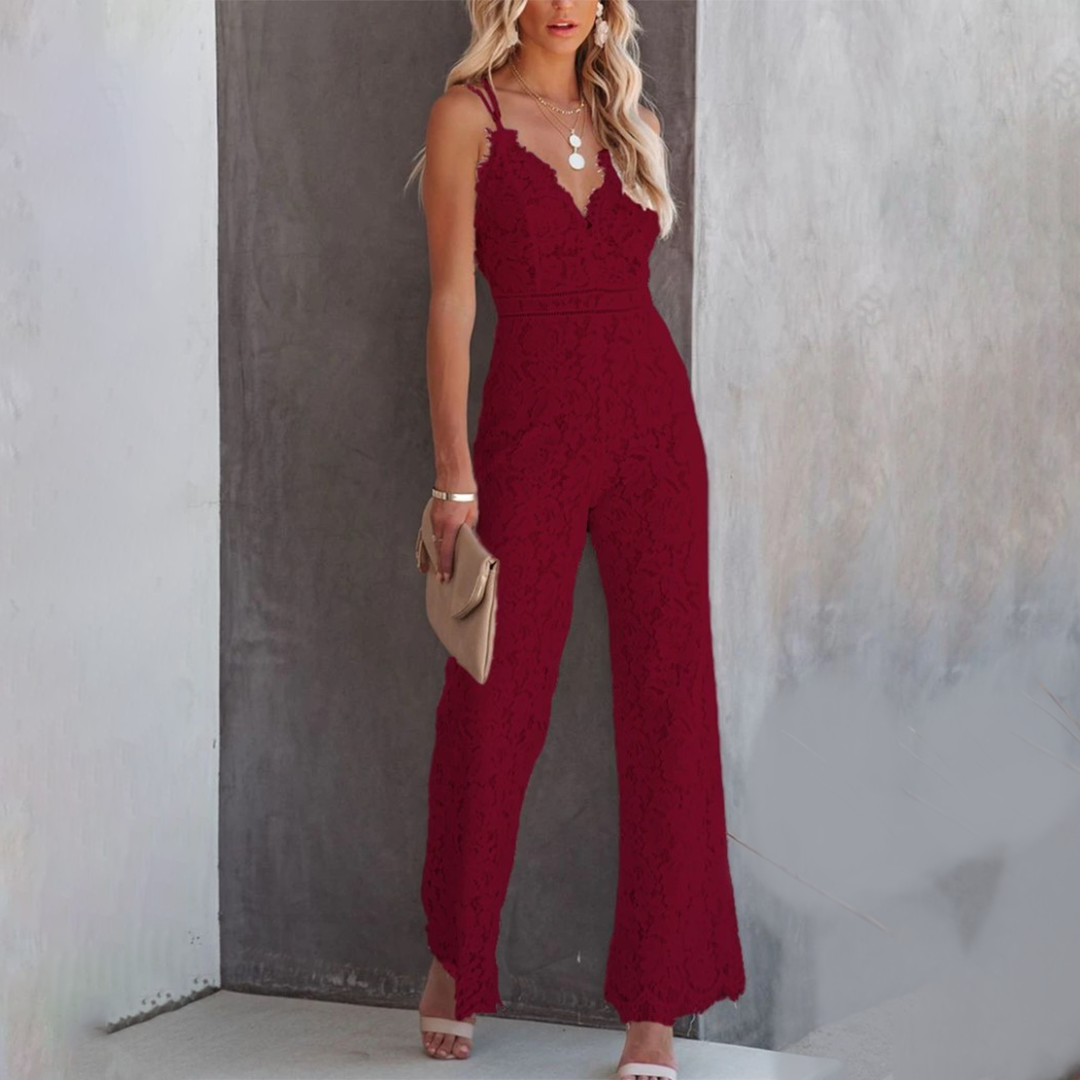 Women's elegant lace jumpsuit V-neck thin straps fitted waist formal festive style