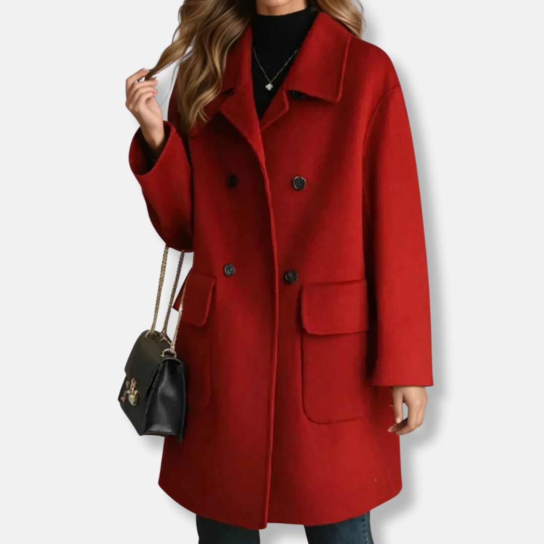 Women's wool blend mid-thigh double-breasted coat with notched lapels, relaxed straight fit