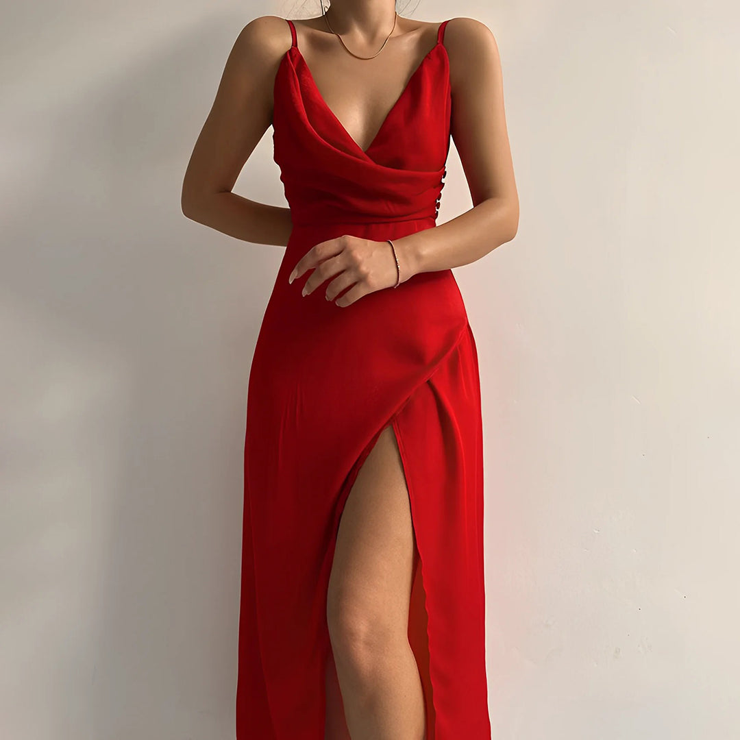 Women's long satin evening dress slim fit V-neckline elegant high slit formal gown