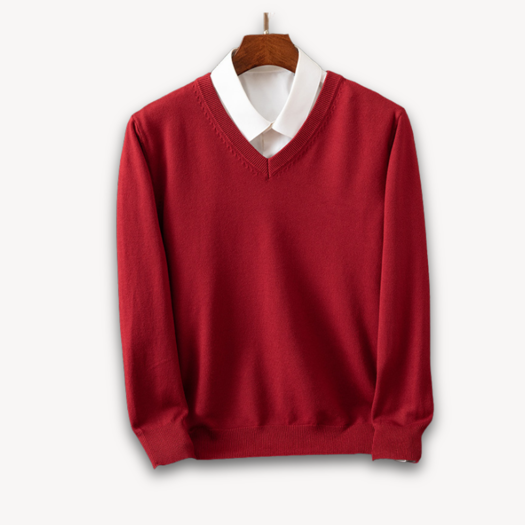 Men's navy slim fit V-neck sweater in soft knit with ribbed edges for versatile layering