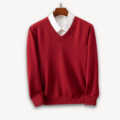 Men's navy slim fit V-neck sweater in soft knit with ribbed edges for versatile layering
