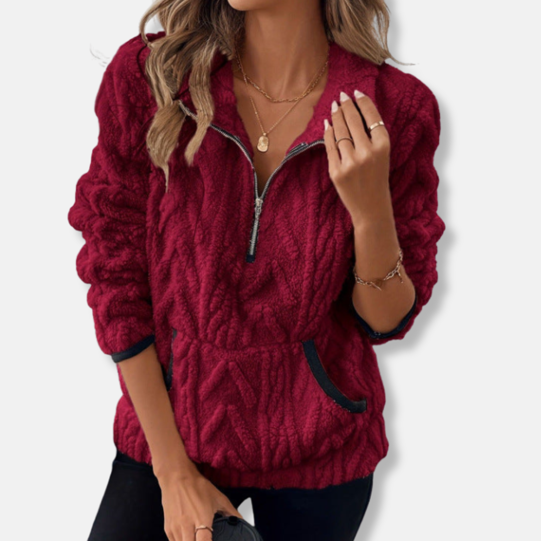Women's plush fleece pullover sweatshirt in neutral tone, relaxed fit, stand collar half-zip kangaroo pocket