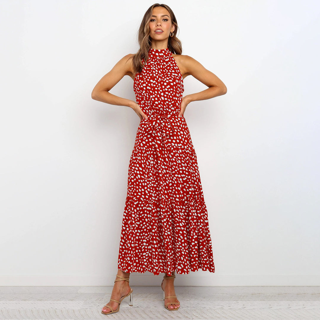 Women's halterneck A-line long dress, sleeveless, light airy fabric with defining waistband