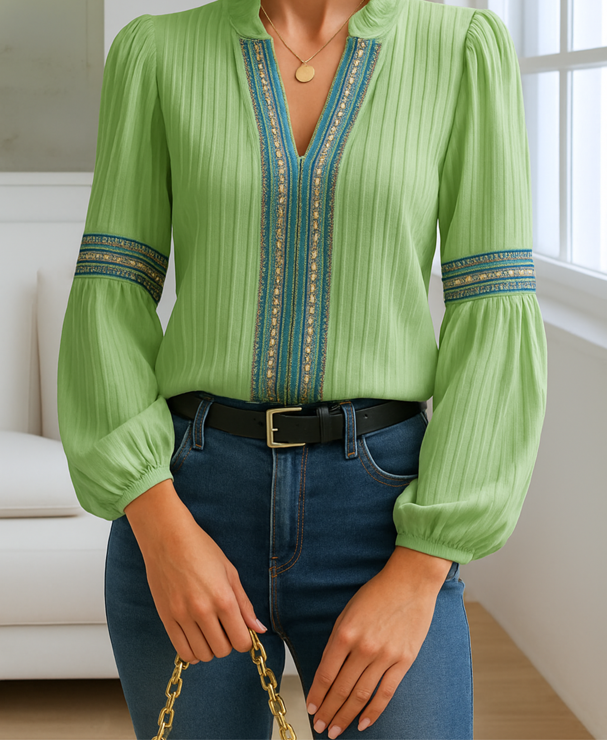 Vintage V-neck blouse with flowing fit, subtle embroidery, and flattering feminine silhouette
