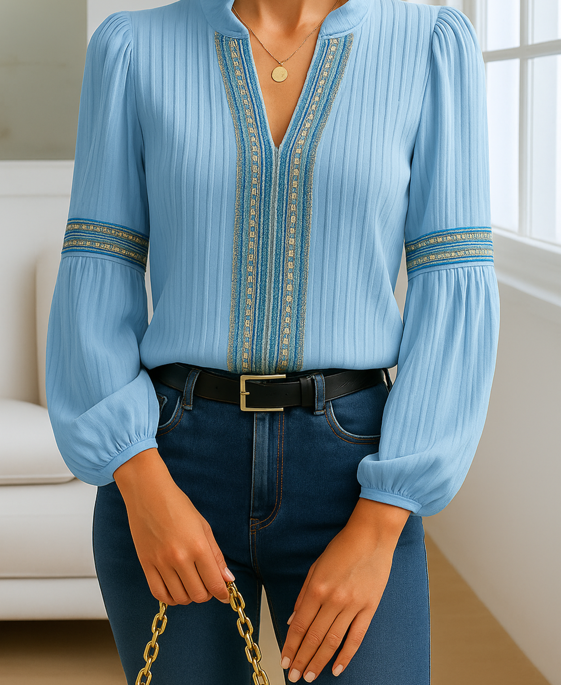 Vintage v-neck blouse with flowing fit, subtle embroidery, and flattering feminine silhouette