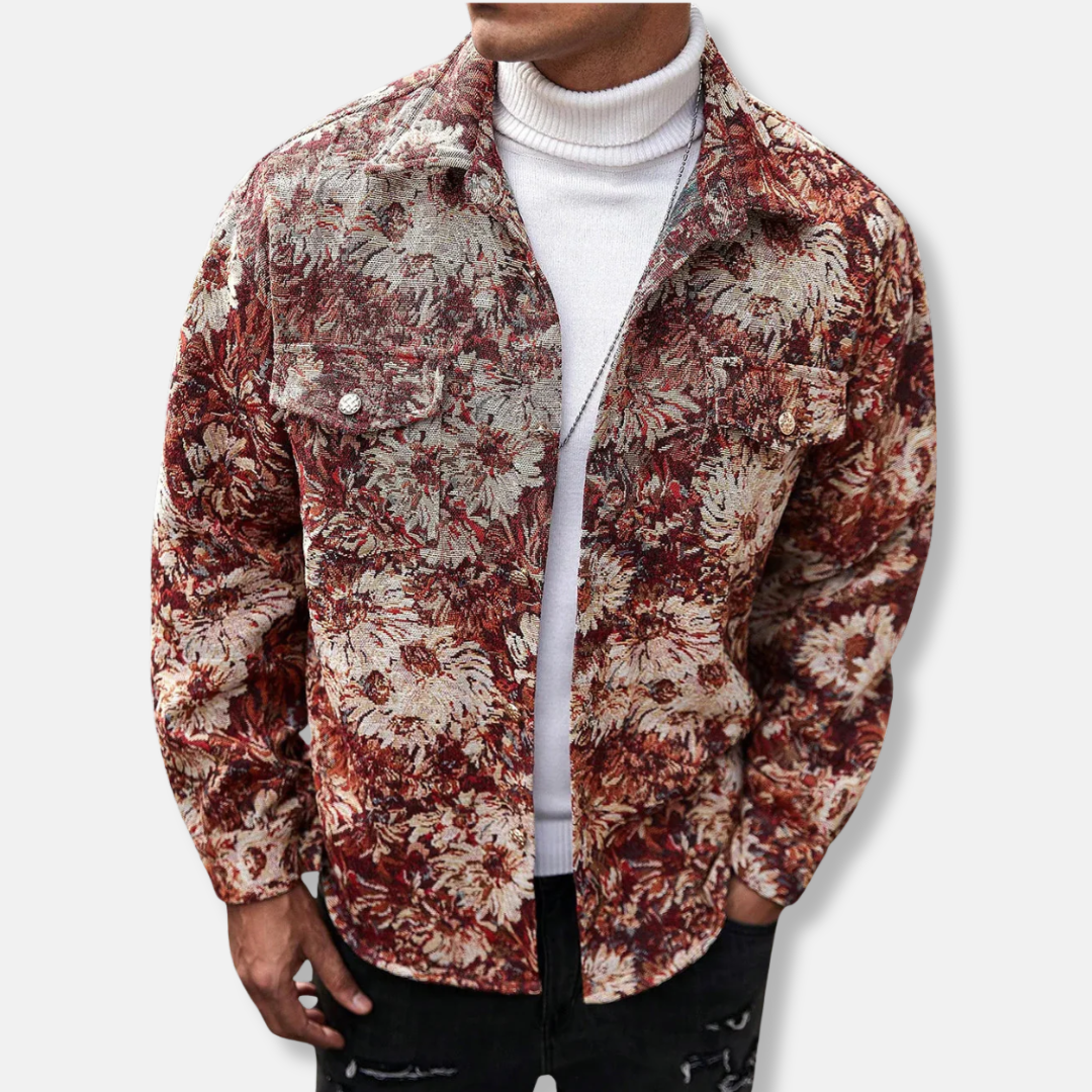 Men's floral jacquard jacket woven texture relaxed fit utility style everyday layering piece