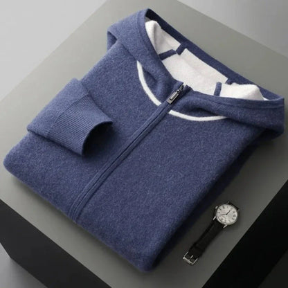 Ivory cashmere hooded full-zip sweater with ribbed cuffs and drawstring hood for layering