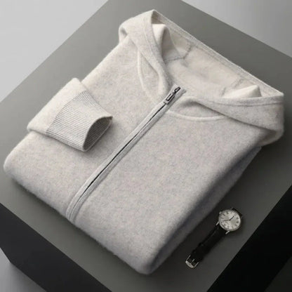 Ivory cashmere hooded full-zip sweater with ribbed cuffs and adjustable drawstring hood