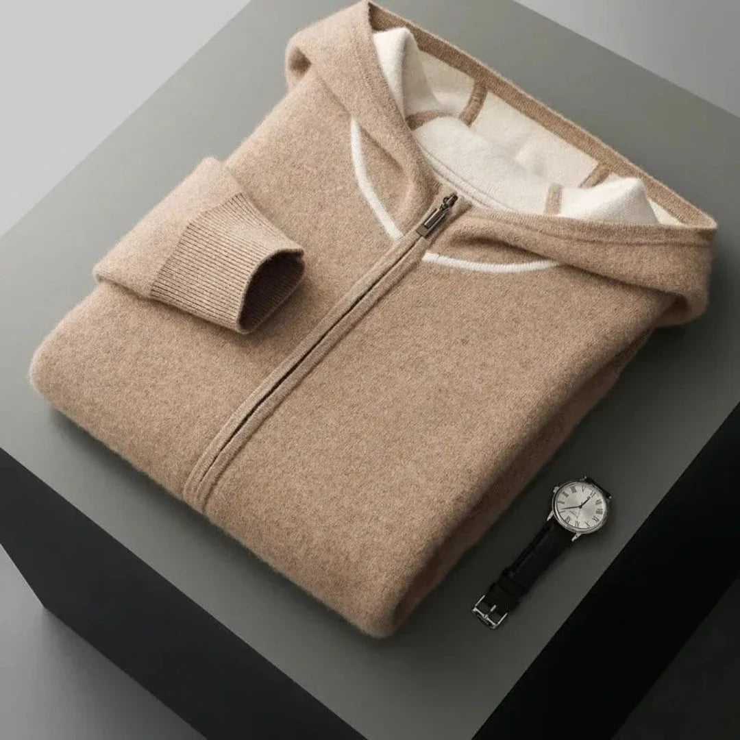 Ivory cashmere hooded full-zip sweater with ribbed cuffs and adjustable drawstring hood