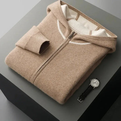 Ivory cashmere hooded full-zip sweater with ribbed cuffs and adjustable drawstring hood