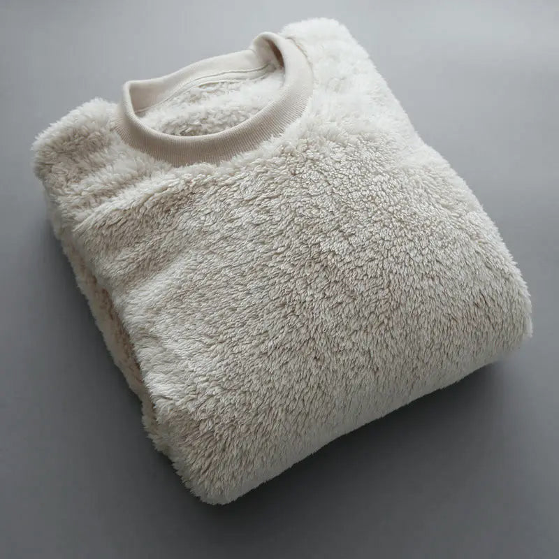 Relaxed-fit cream textured high-pile fleece crewneck pullover with soft ribbed neckline