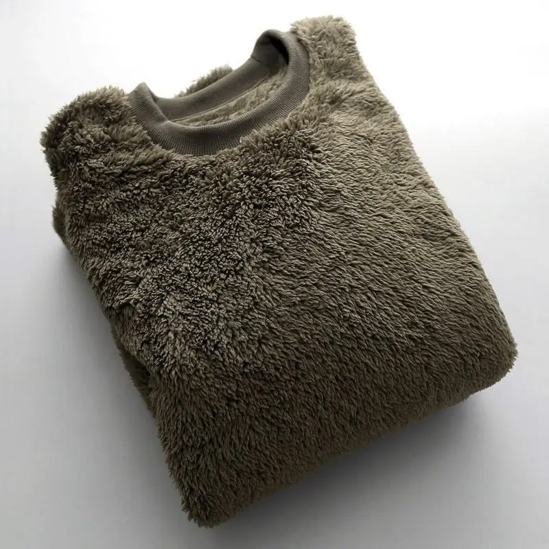 Relaxed-fit cream textured high-pile fleece crewneck pullover with soft ribbed neckline