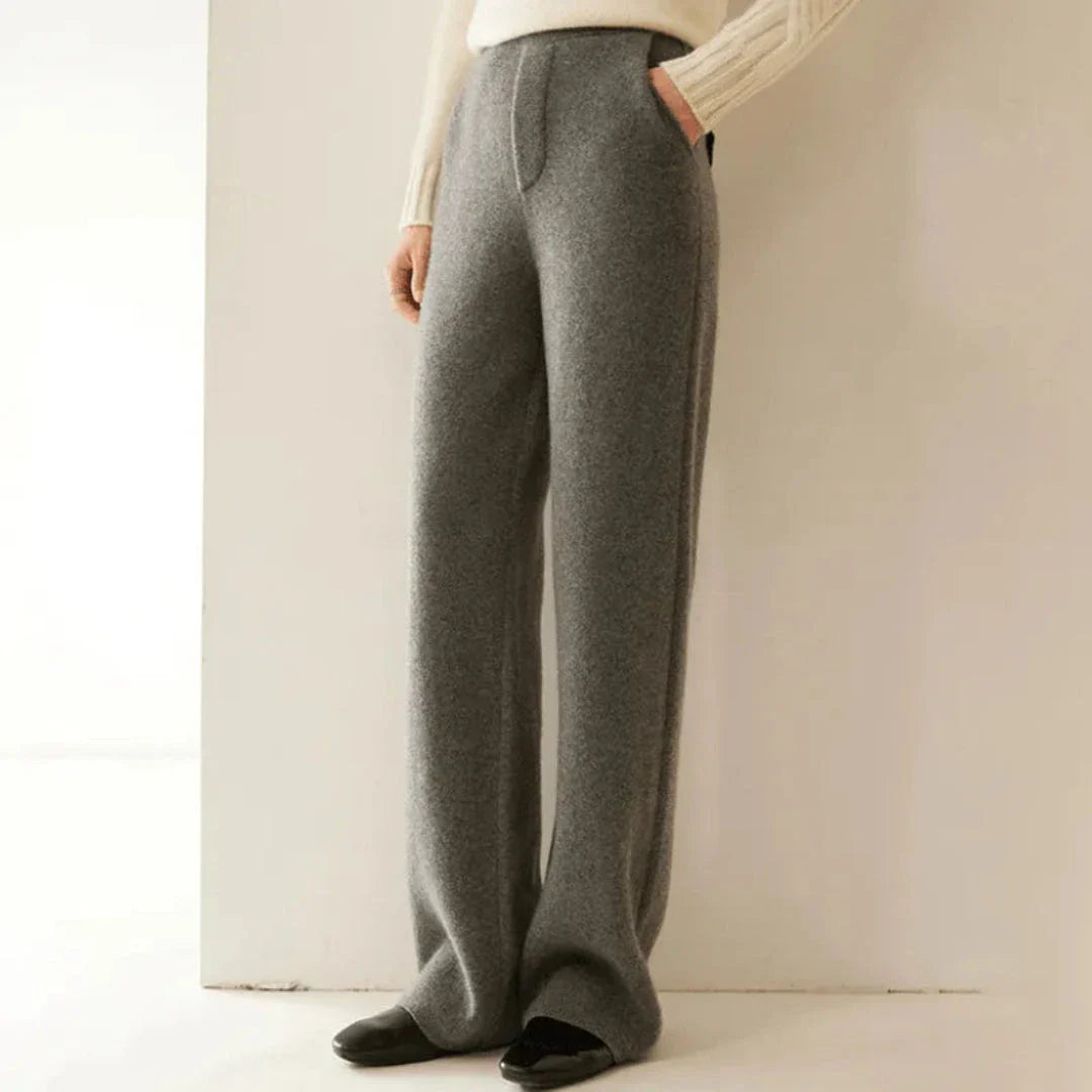 Renata beige cashmere wide-leg pants with high-rise waist and smooth draped silhouette