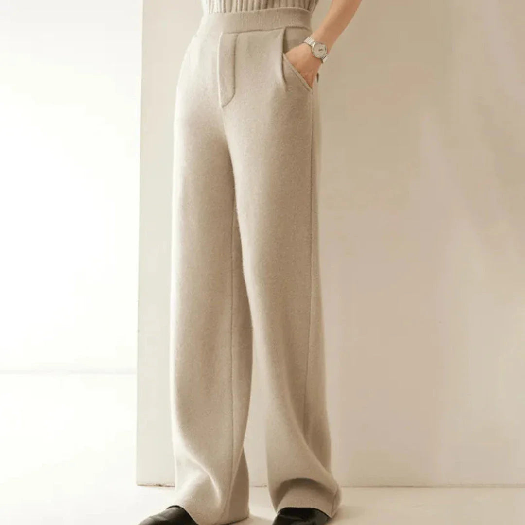 Renata cream cashmere wide-leg trousers with high-rise waist and elegant draping silhouette