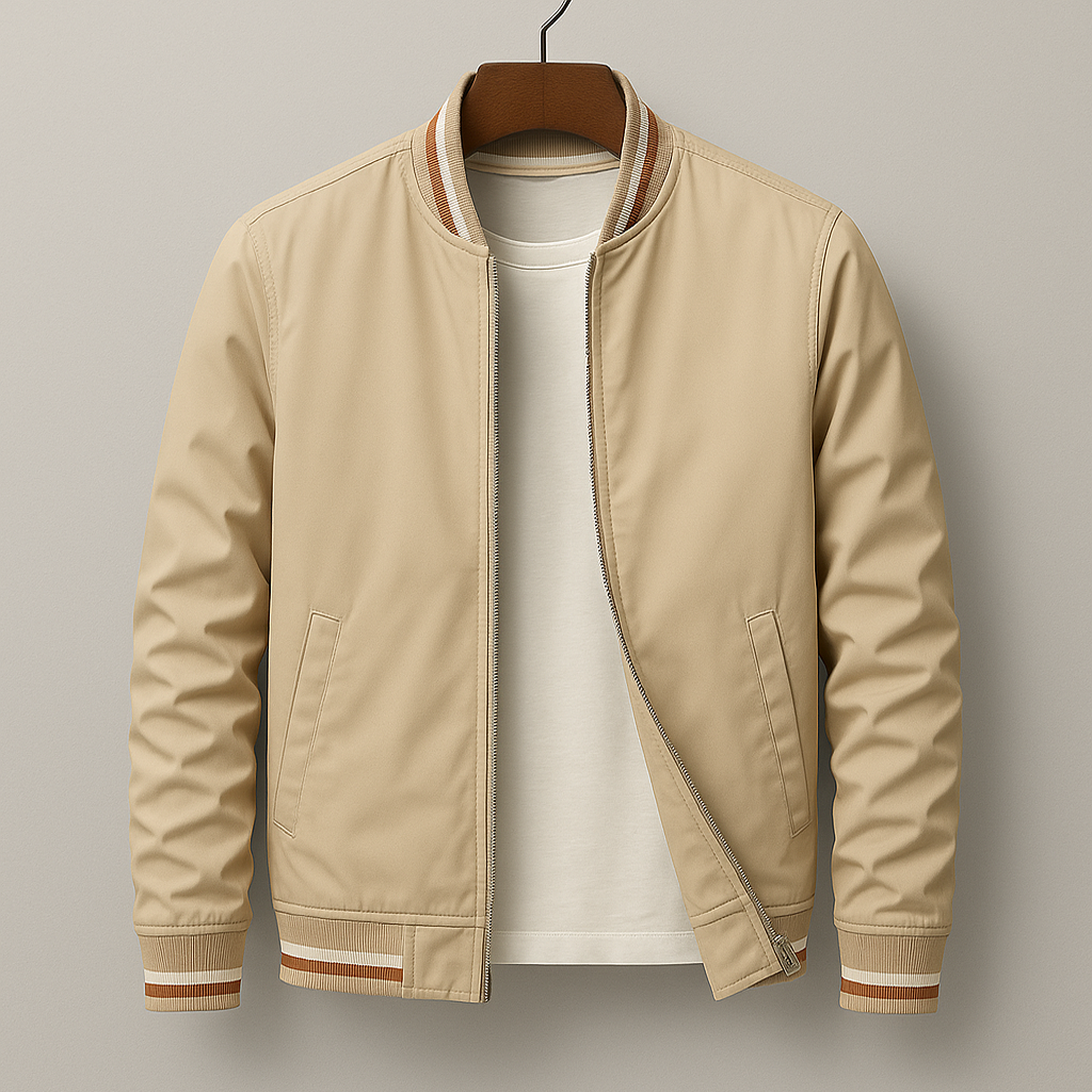 Renley olive green field jacket with military silhouette, ribbed cuffs, and varsity stripe detailing