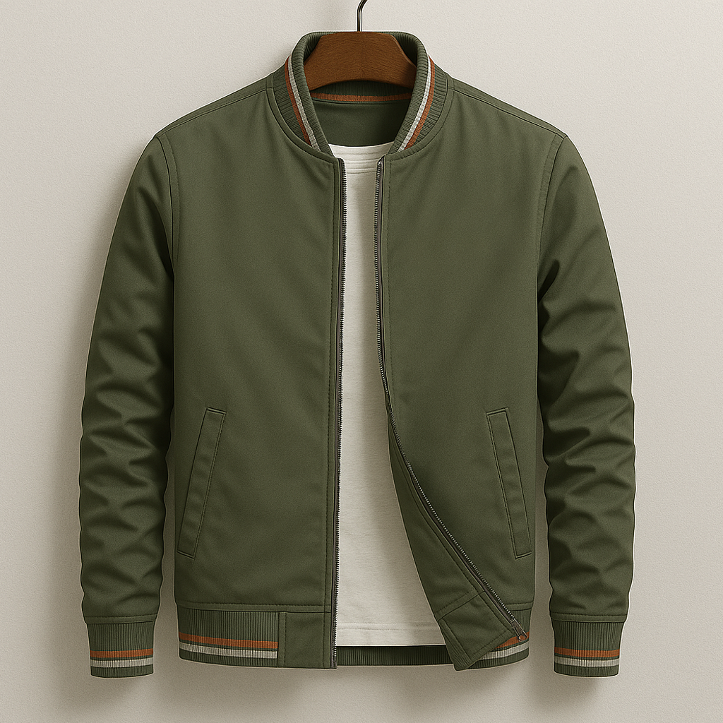 Renley olive field jacket, military-inspired slim fit with ribbed cuffs and varsity stripe detailing