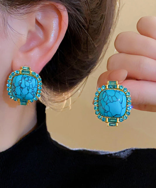 Boucles d'oreilles à tige rétro en alliage bleu incrusté de zircons turquoise - Wavlynn